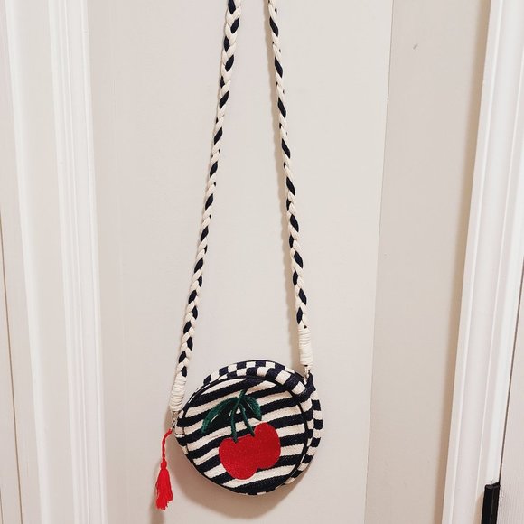 Paper Source Nautical Rope Strap Navy & White Striped Circle Purse with Cherries - Picture 1 of 5